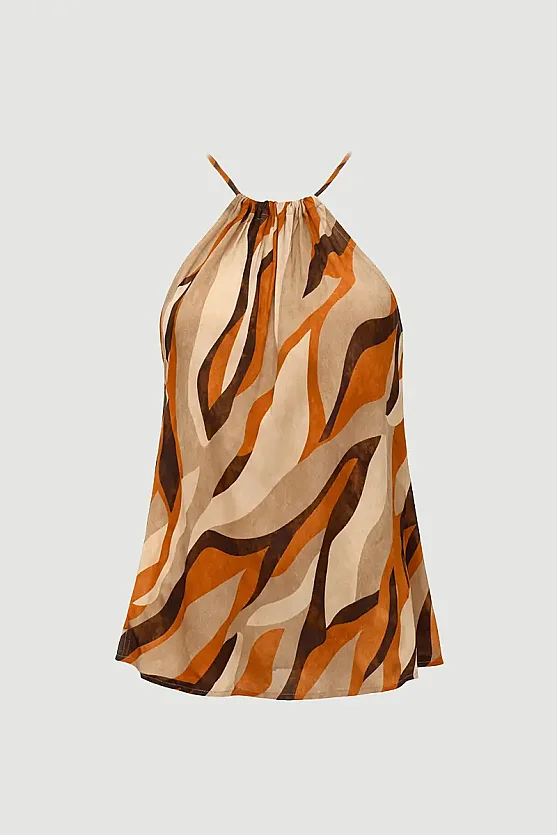 Tie-Neck Patterned Viscose Blouse - Orange - 6