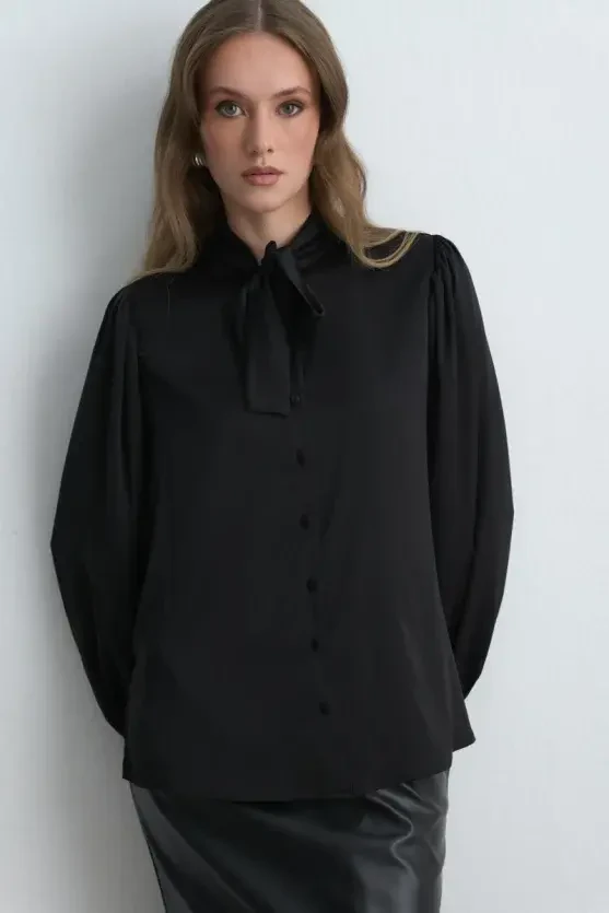 Tie Neck Satin Shirt - Black - Gusto