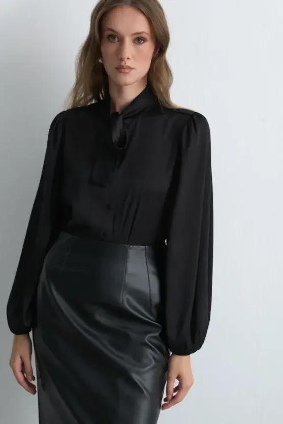 Tie Neck Satin Shirt - Black - Gusto
