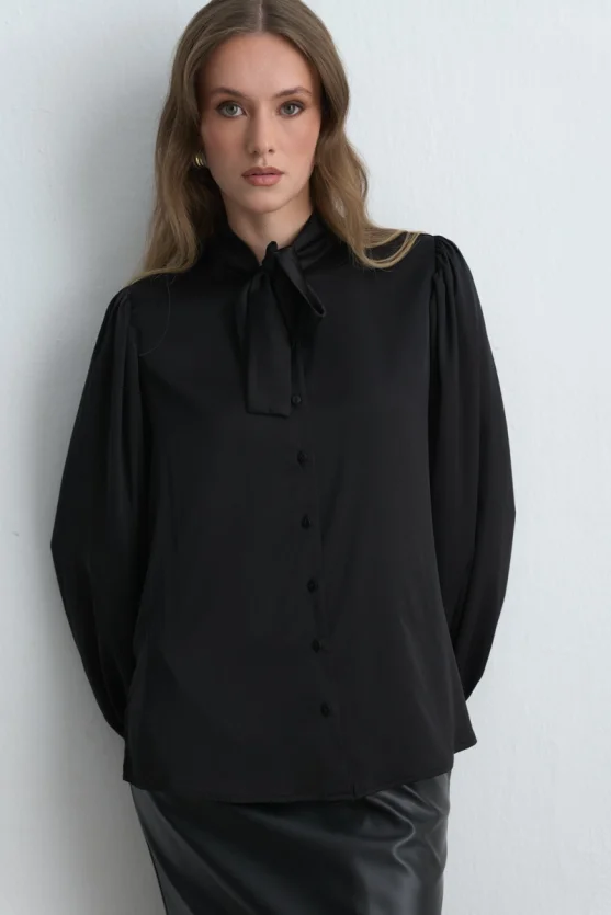 Tie Neck Satin Shirt Black - 3
