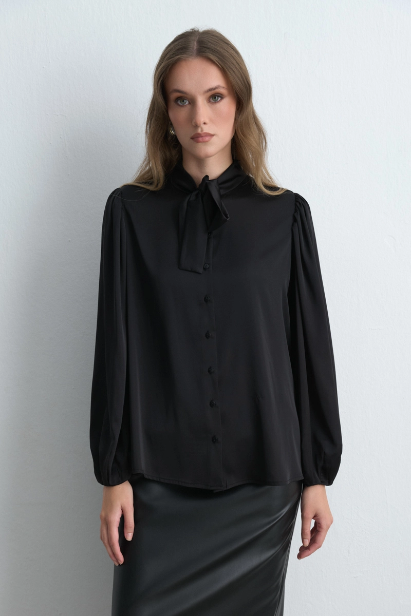 Tie Neck Satin Shirt Black - 2