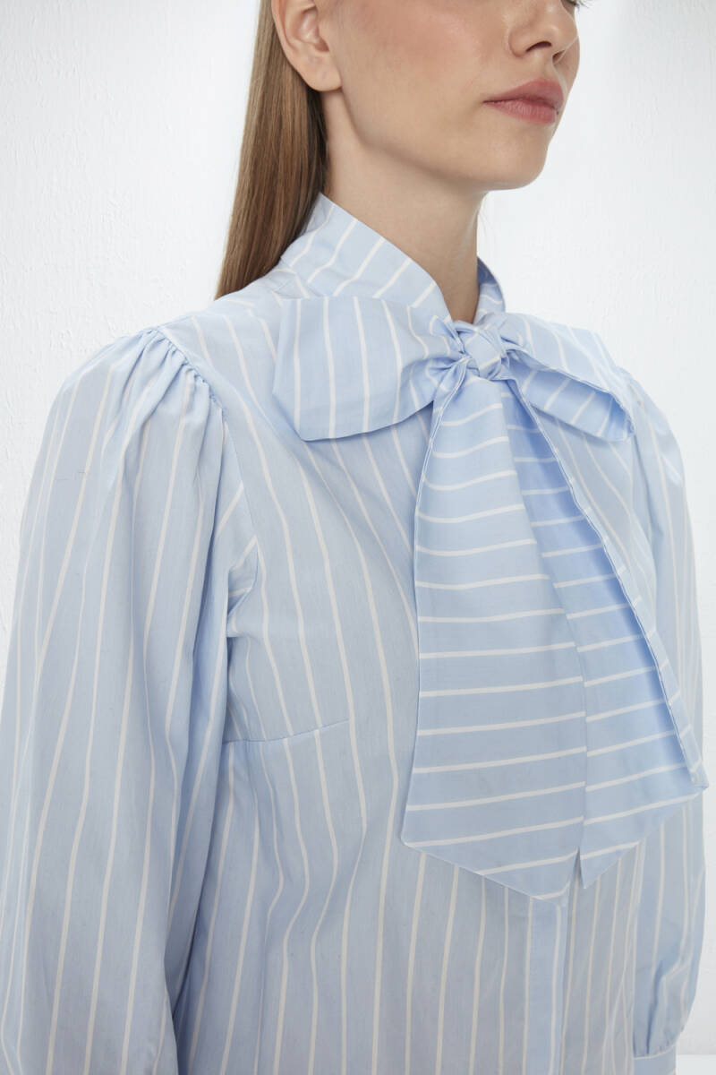Tie-Neck Striped Cotton Shirt - Blue - 4