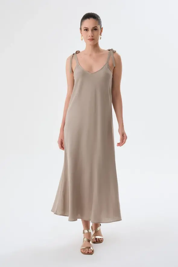 Tie-Shoulder Linen Dress - Mink - 1