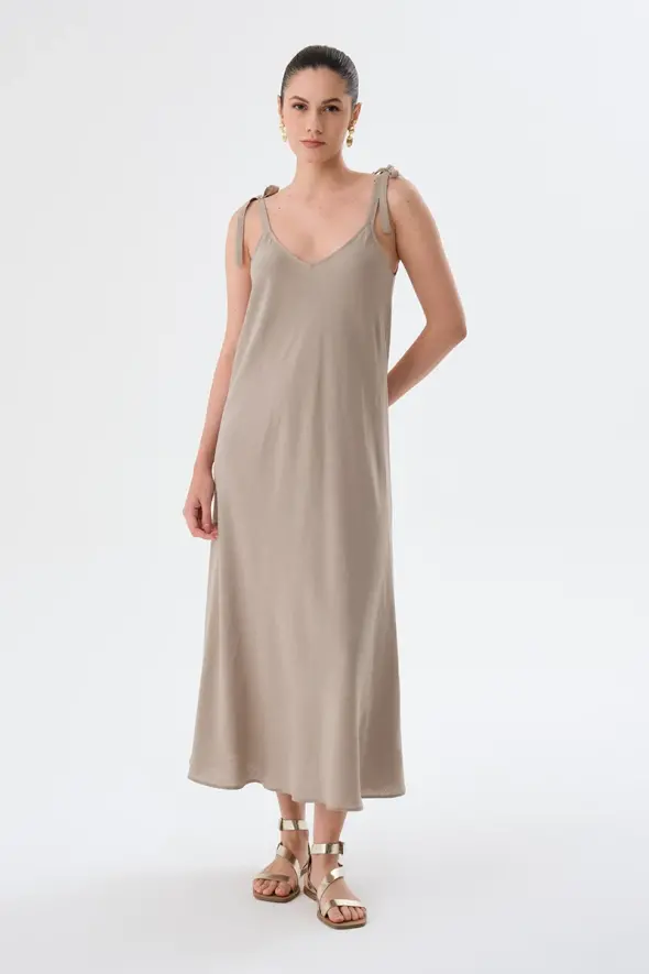 Tie-Shoulder Linen Dress - Mink - 2