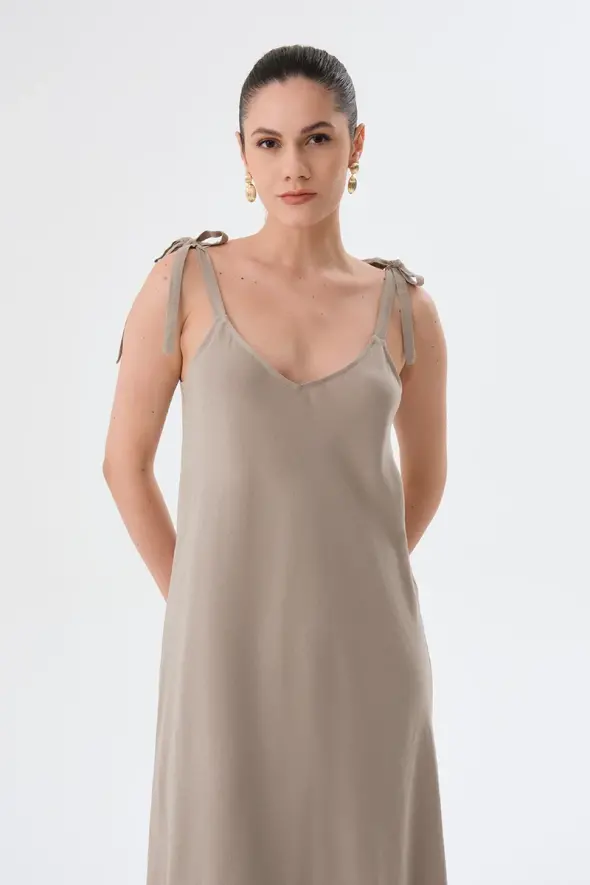 Tie-Shoulder Linen Dress - Mink - 3