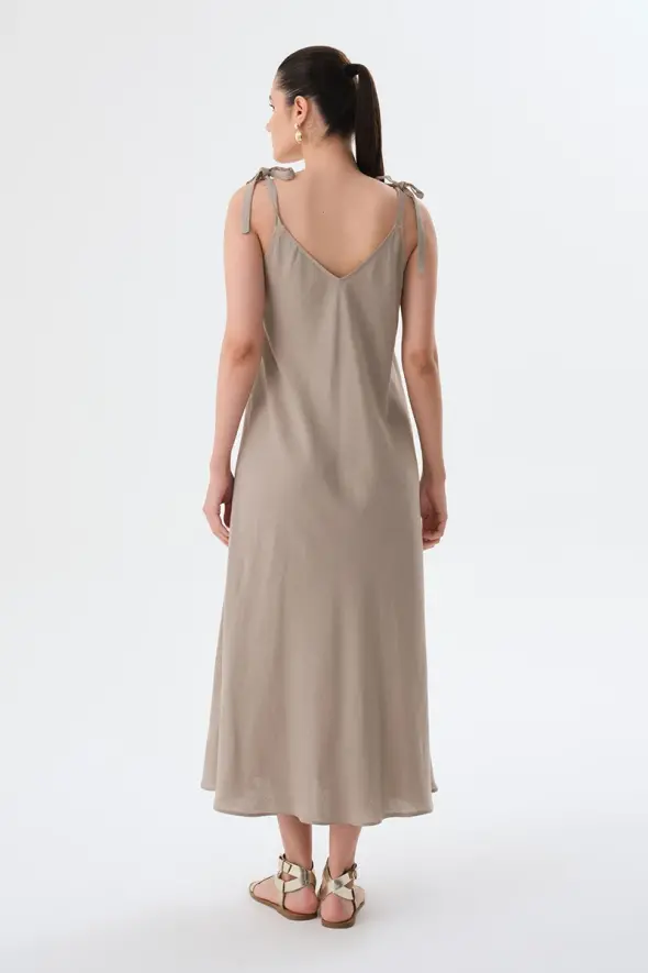 Tie-Shoulder Linen Dress - Mink - 6