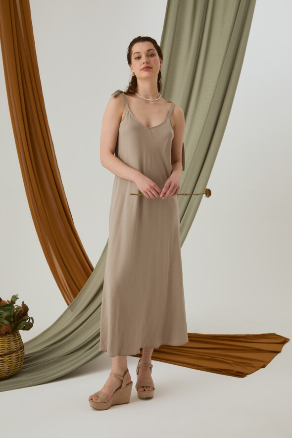 Tie-Shoulder Linen Dress - Mink - 4