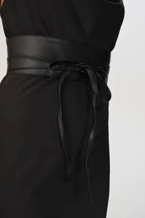 Tie-up Leather Belt - Black - 3