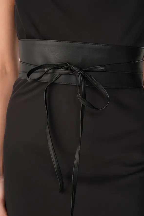 Tie-up Leather Belt - Black - 1