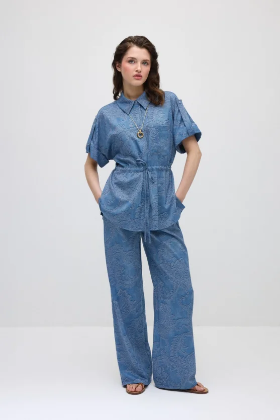 Tie-Waist Self-Patterned Viscose Shirt - Blue - 3