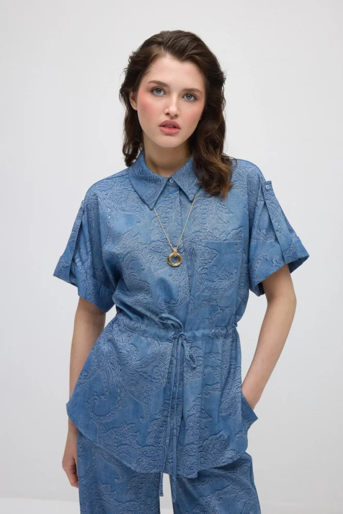 Tie-Waist Self-Patterned Viscose Shirt - Blue Blue