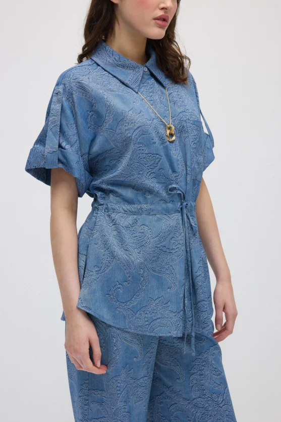 Tie-Waist Self-Patterned Viscose Shirt - Blue - 2