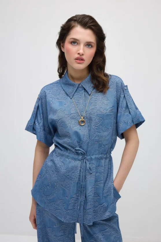Tie-Waist Self-Patterned Viscose Shirt - Blue - 1