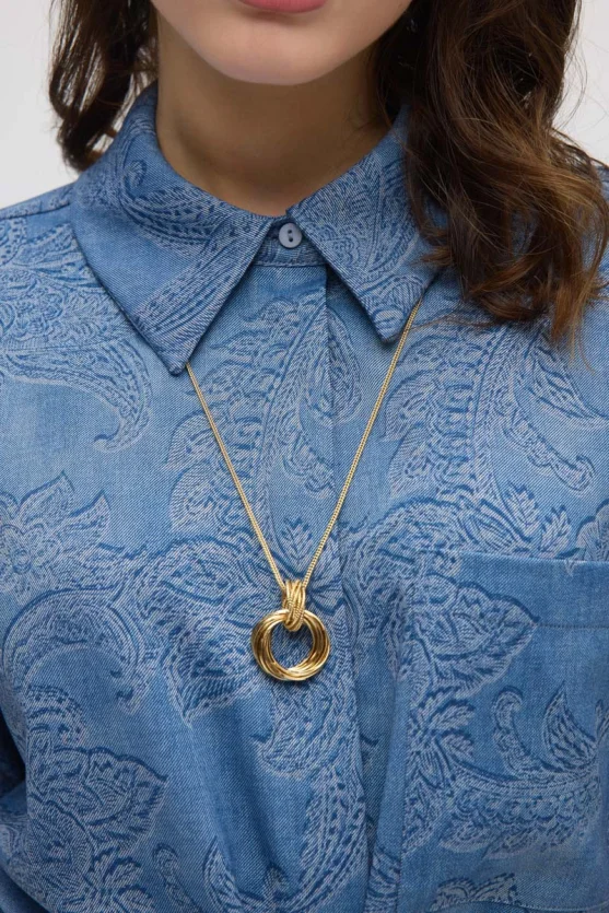 Tie-Waist Self-Patterned Viscose Shirt - Blue - 4