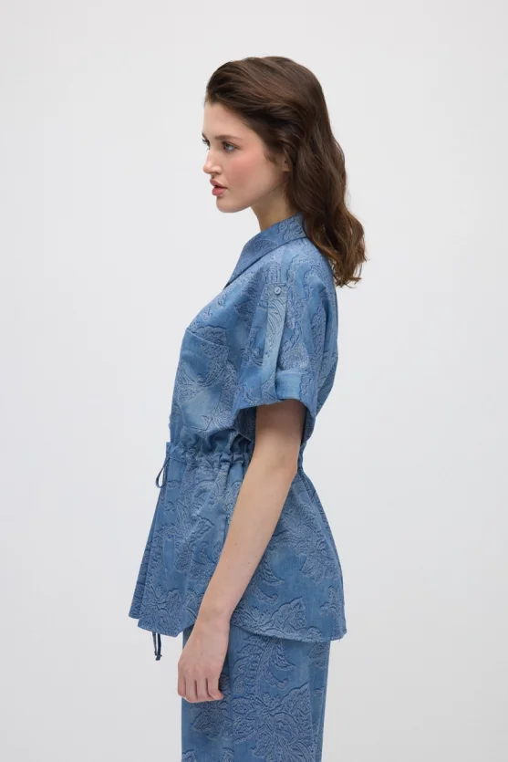 Tie-Waist Self-Patterned Viscose Shirt - Blue - Gusto