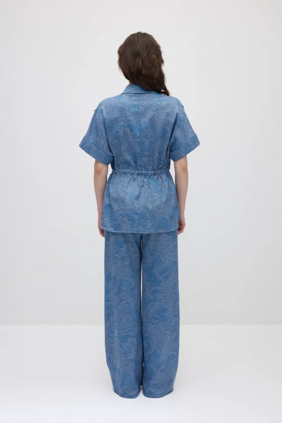 Tie-Waist Self-Patterned Viscose Shirt - Blue - Gusto