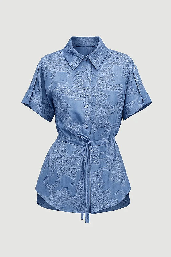 Tie-Waist Self-Patterned Viscose Shirt - Blue - Gusto