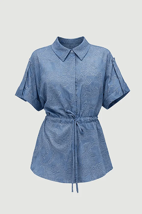 Tie-Waist Self-Patterned Viscose Shirt - Blue - 7