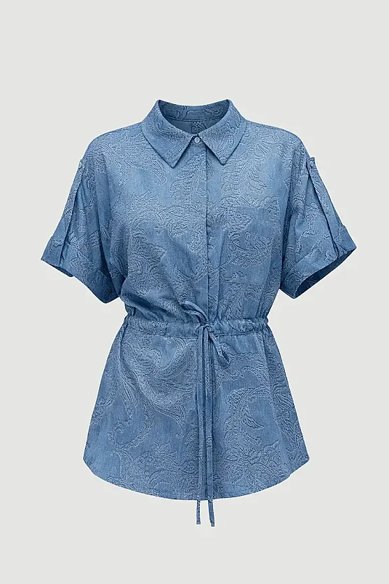 Tie-Waist Self-Patterned Viscose Shirt - Blue - Gusto