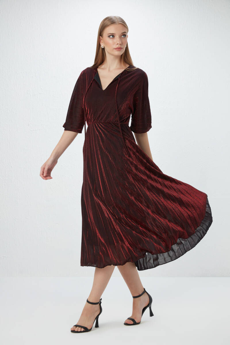 Tied-Front Pleated Dress - Red - 2