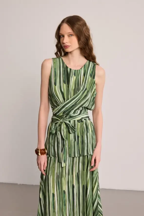 Tied Striped Viscose Blouse - Green - 2