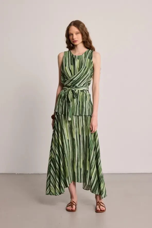 Tied Striped Viscose Blouse - Green - 3