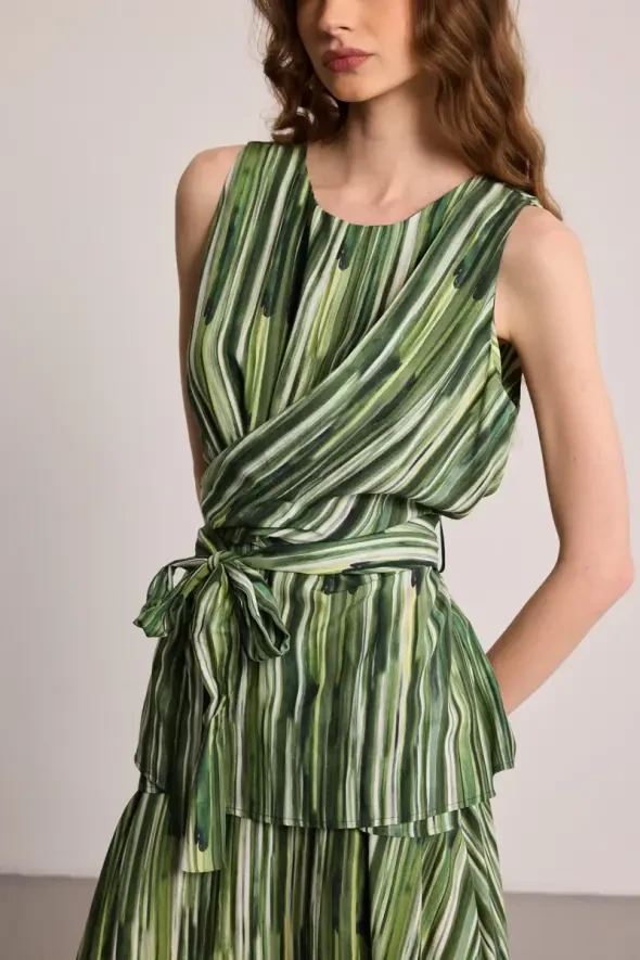 Tied Striped Viscose Blouse - Green - 4