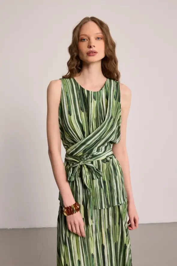 Tied Striped Viscose Blouse - Green - 5