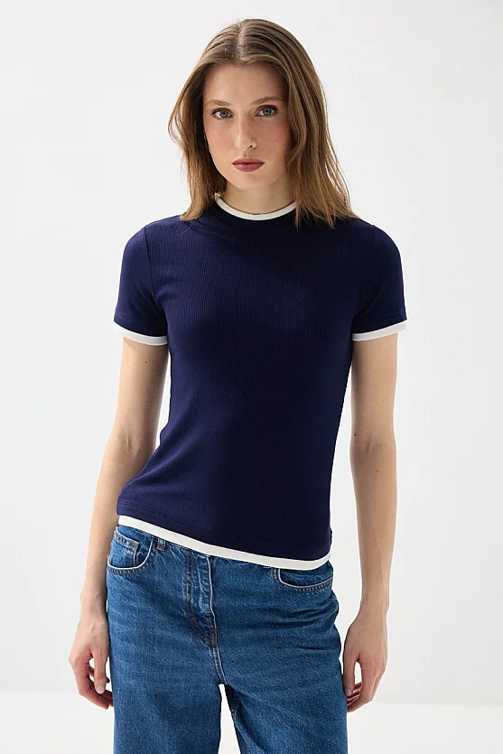 Trim Detail Viscose T-Shirt - Navy Blue - 1