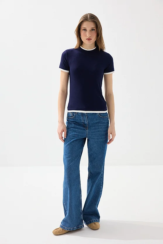 Trim Detail Viscose T-Shirt - Navy Blue - Gusto