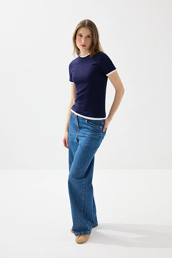 Trim Detail Viscose T-Shirt - Navy Blue - 3