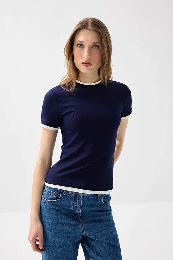 Trim Detail Viscose T-Shirt - Navy Blue - 4