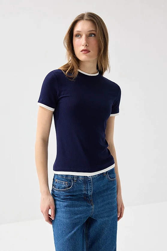 Trim Detail Viscose T-Shirt - Navy Blue - Gusto