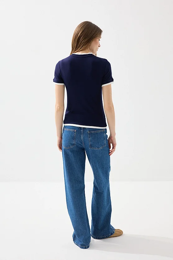 Trim Detail Viscose T-Shirt - Navy Blue - Gusto