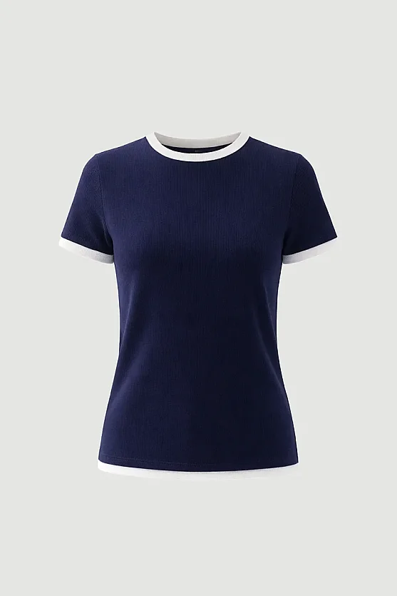 Trim Detail Viscose T-Shirt - Navy Blue - Gusto