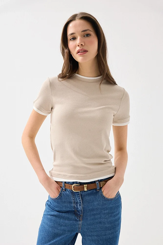 Trim Detail Viscose T-Shirt - Stone