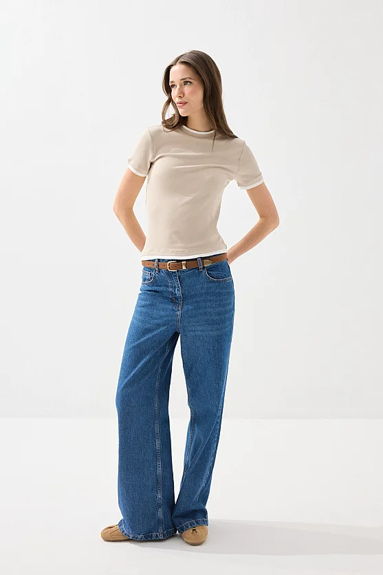 Trim Detail Viscose T-Shirt - Stone - Gusto