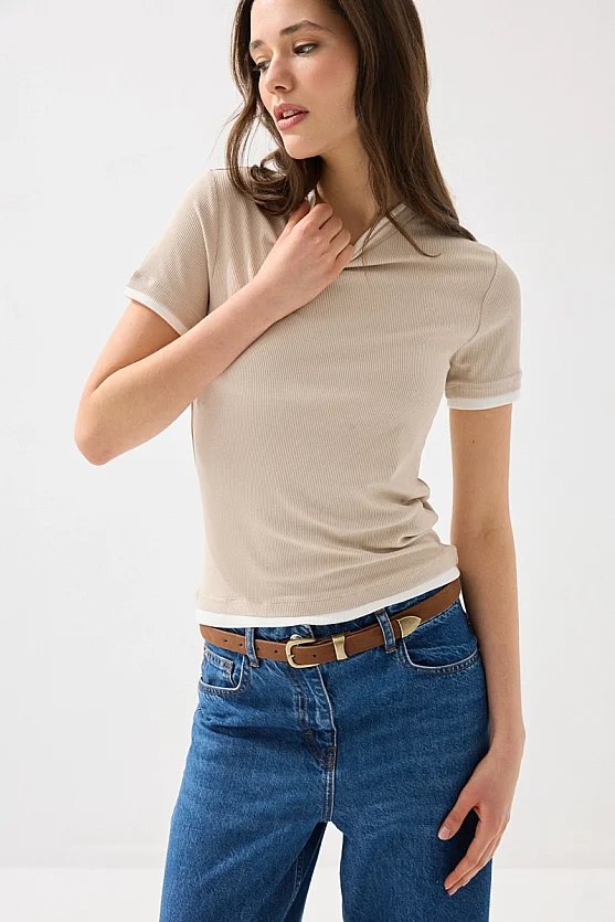 Trim Detail Viscose T-Shirt - Stone - Gusto
