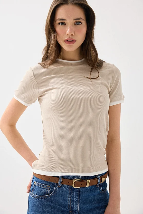 Trim Detail Viscose T-Shirt - Stone - 4