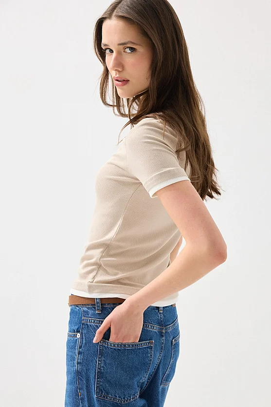 Trim Detail Viscose T-Shirt - Stone - Gusto
