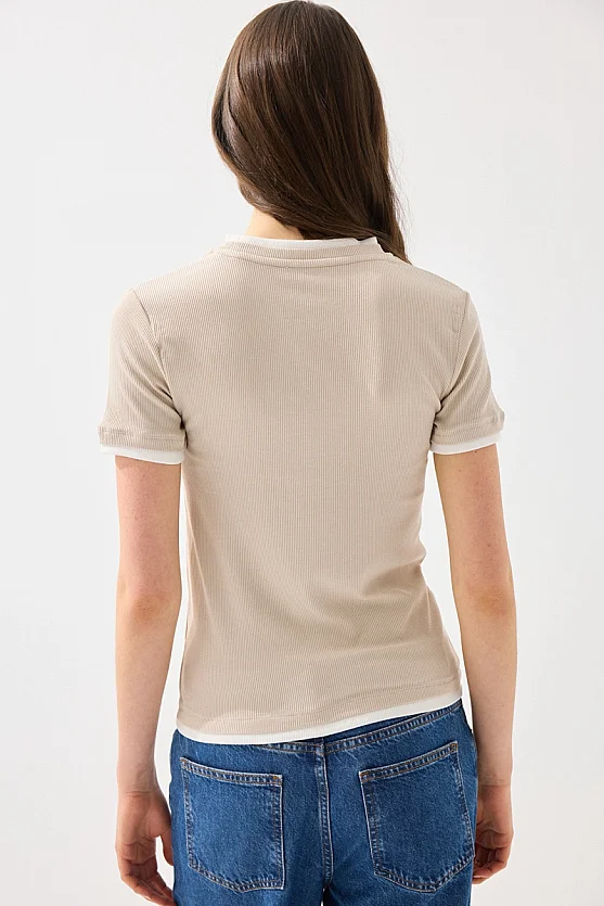 Trim Detail Viscose T-Shirt - Stone - Gusto