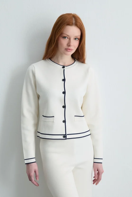 Trimmed Knit Cardigan Ecru - Gusto