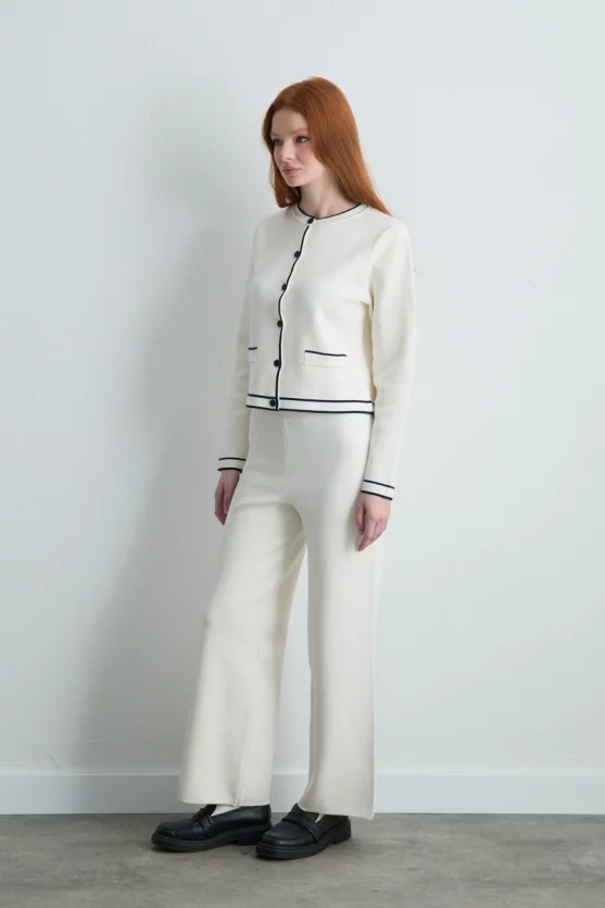 Trimmed Knit Cardigan Ecru - 5