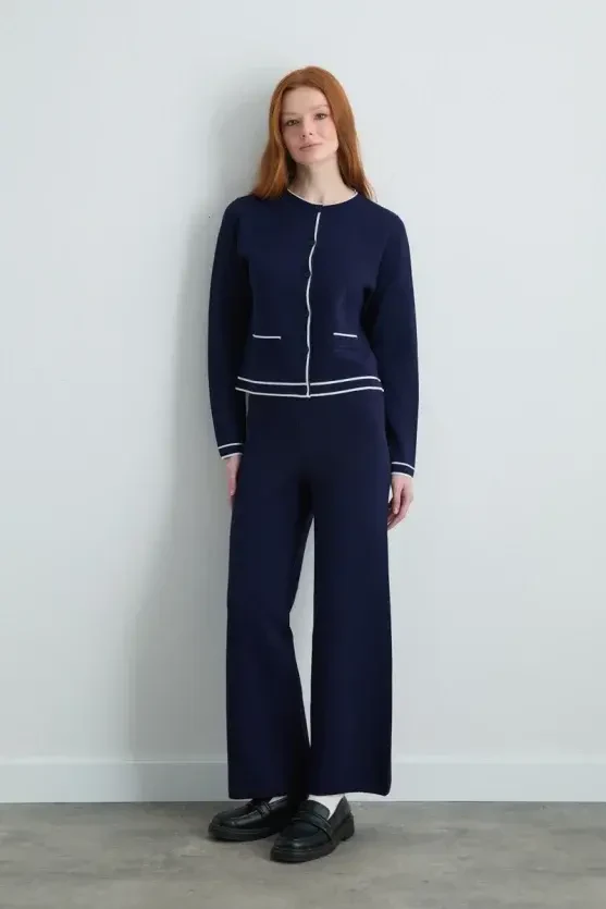 Trimmed Knit Cardigan - Navy Blue - 1