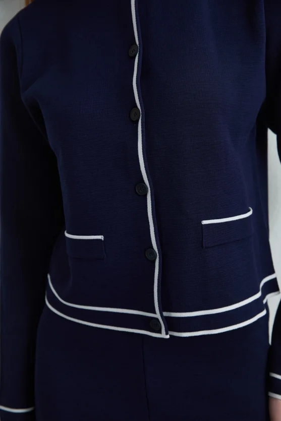 Trimmed Knit Cardigan Navy Blue - Gusto