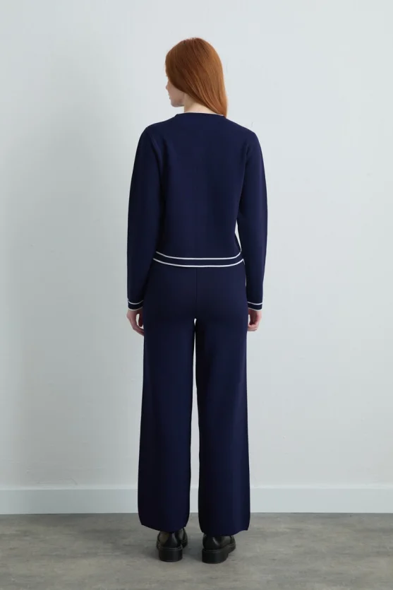 Trimmed Knit Cardigan Navy Blue - 5