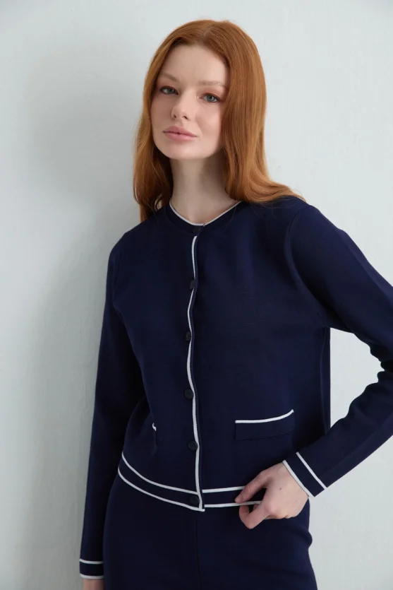 Trimmed Knit Cardigan Navy Blue - Gusto