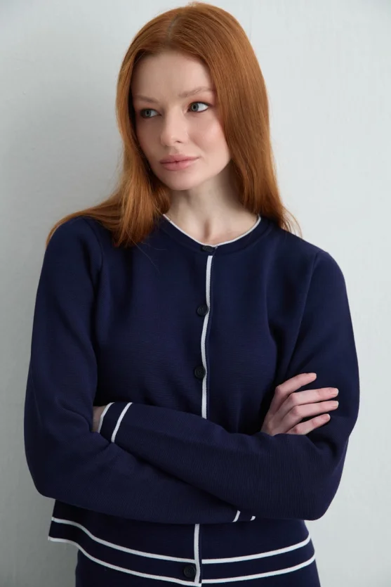 Trimmed Knit Cardigan Navy Blue - Gusto