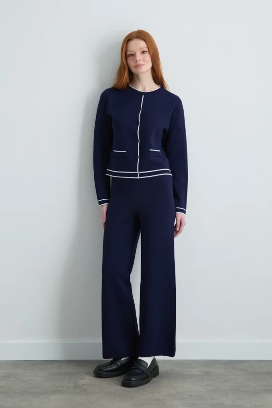 Trimmed Knit Cardigan Navy Blue - 1