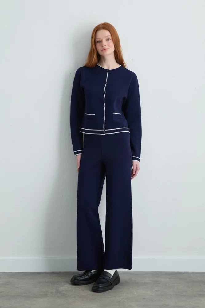 Trimmed Knit Cardigan Navy Blue